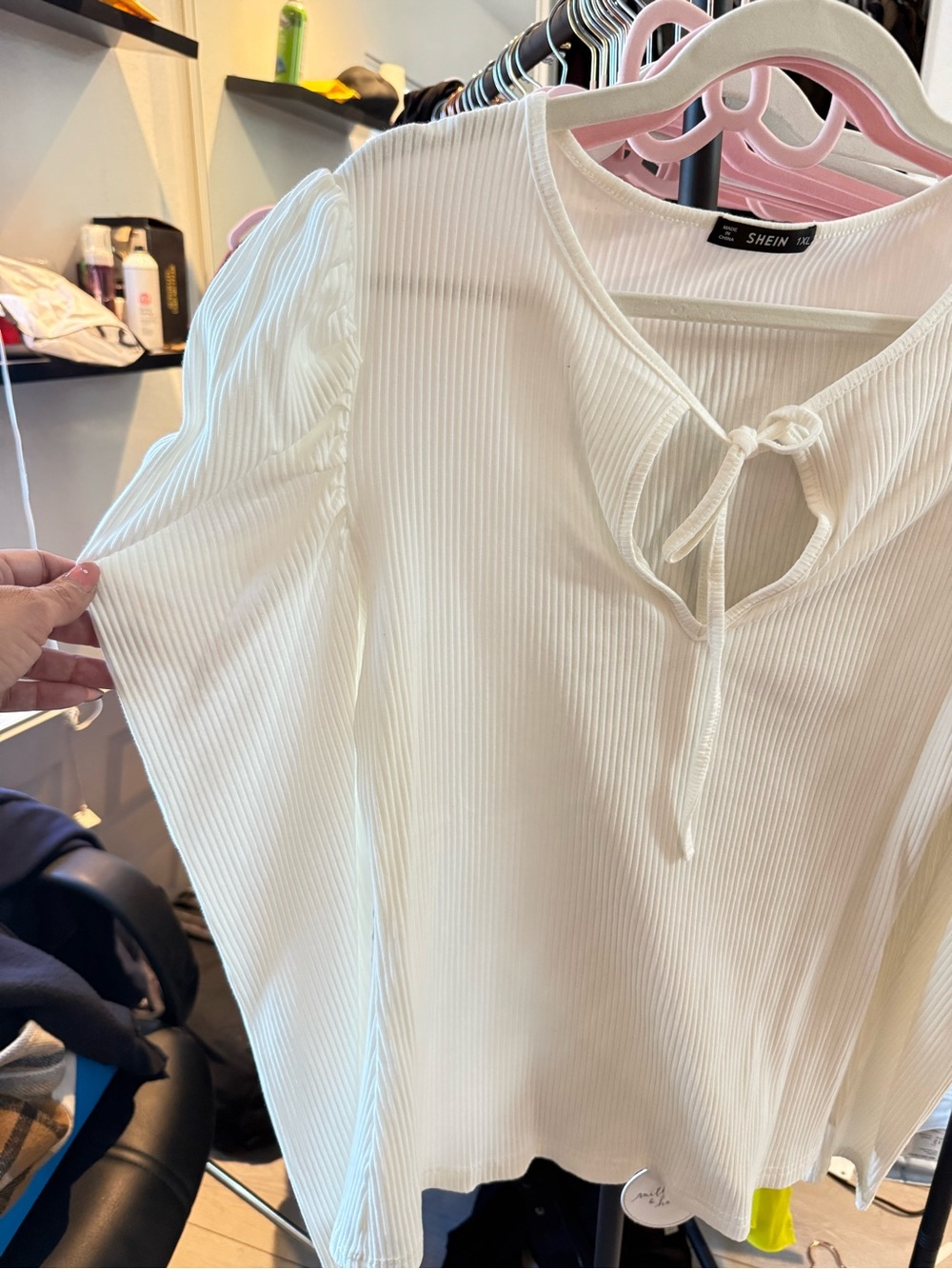 SHEIN Cream Ribbed Tie-Front Puff Sleeve Top